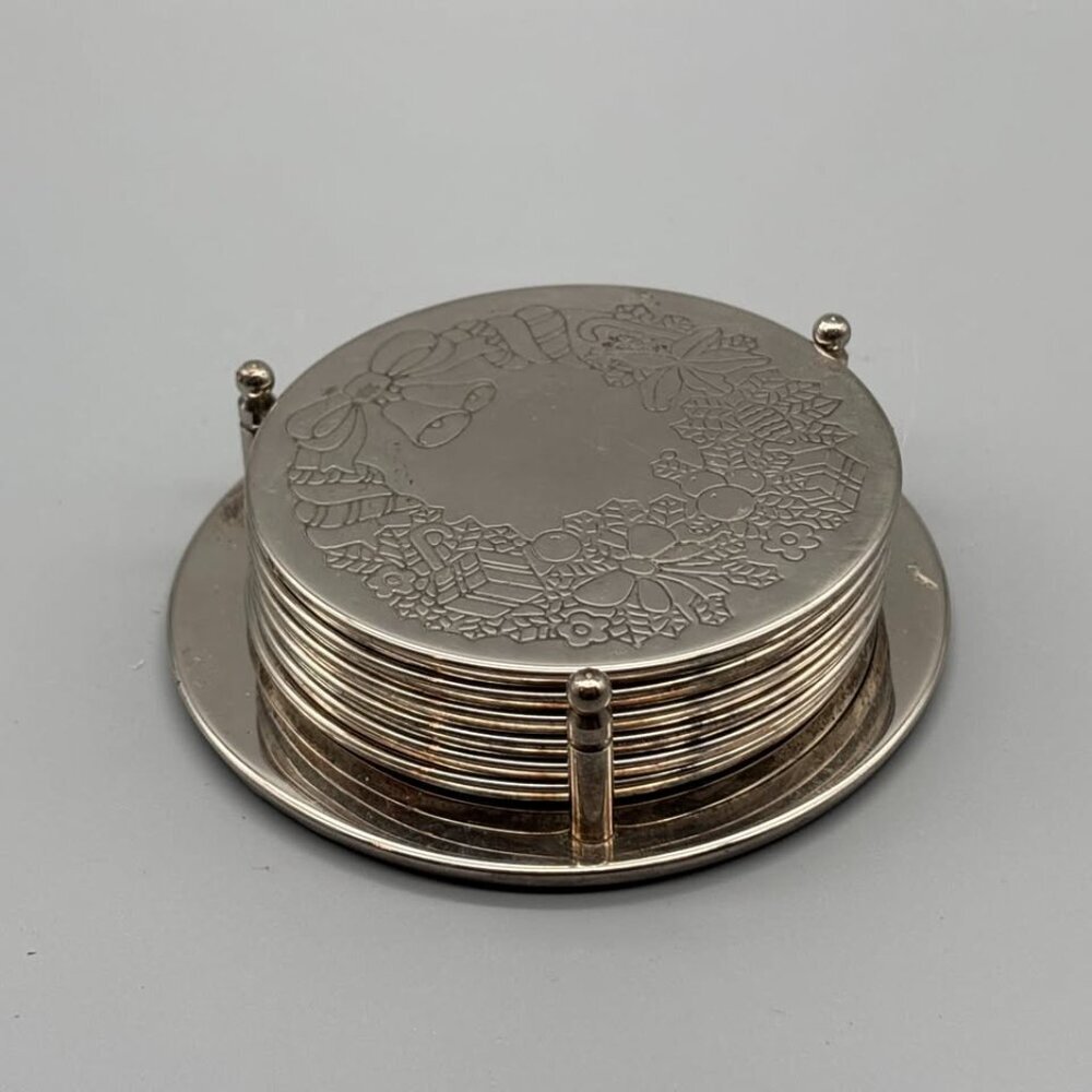 Elegance Silverplated on Steel Coaster Set – Vintage Holiday Engraved Drink